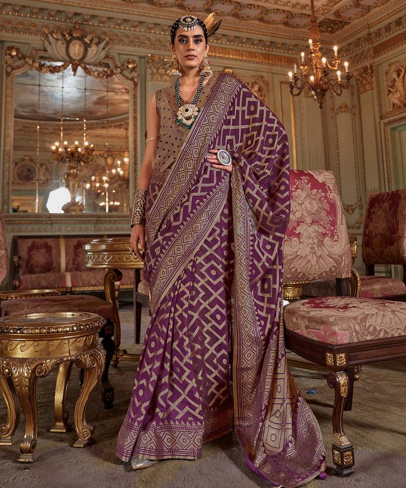 wine p.v. checks zari work with burnout and warnish soft finish bollywood saree