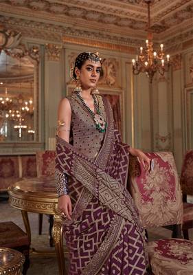 wine p.v. checks zari work with burnout and warnish soft finish bollywood saree 2