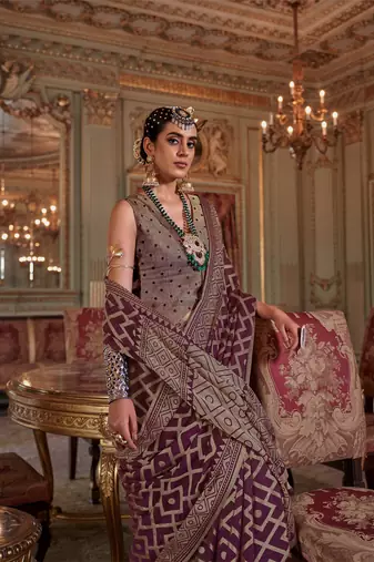 wine p.v. checks zari work with burnout and warnish soft finish bollywood saree
