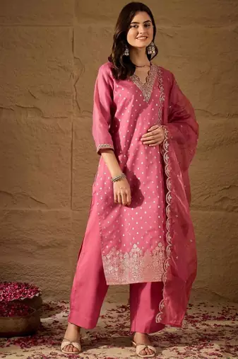 Pink embroidered jaquard kurta pant dupatta set