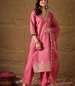 Pink embroidered jaquard kurta pant dupatta set