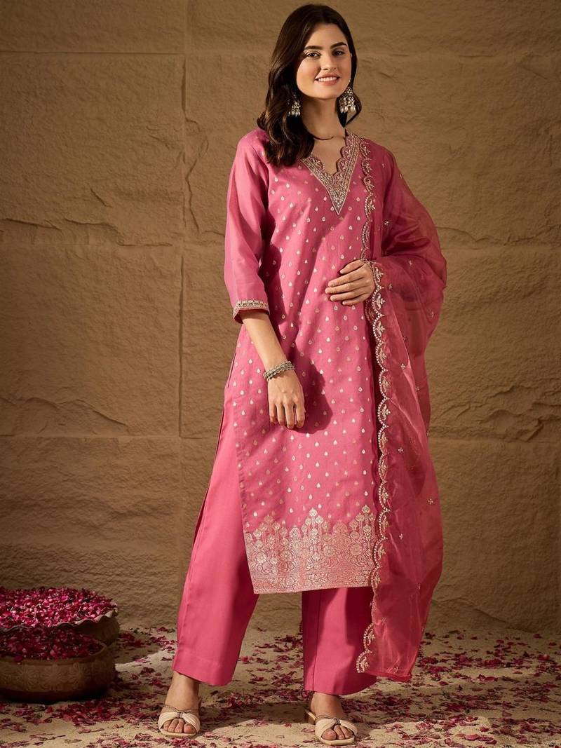 Pink embroidered jaquard kurta pant dupatta set