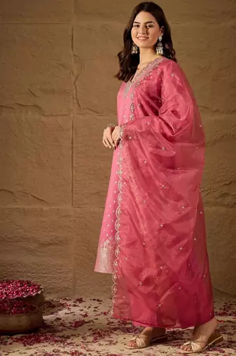 Pink embroidered jaquard kurta pant dupatta set