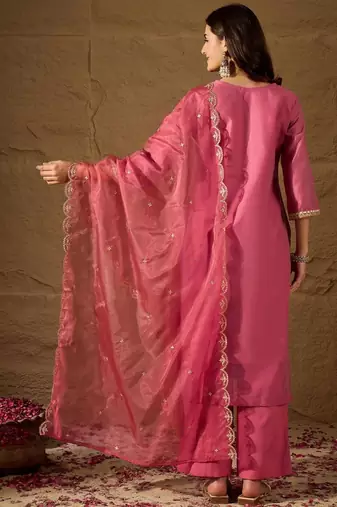 Pink embroidered jaquard kurta pant dupatta set