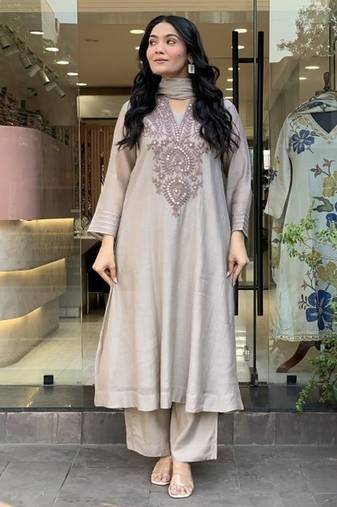 Women's Beautiful Embroidery Work Muslin Cotton Fabric Flared Kurta Pant and Dupatta Set