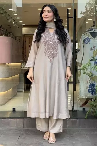 Women's Beautiful Embroidery Work Muslin Cotton Fabric Flared Kurta Pant and Dupatta Set