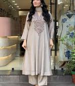Women's Beautiful Embroidery Work Muslin Cotton Fabric Flared Kurta Pant and Dupatta Set