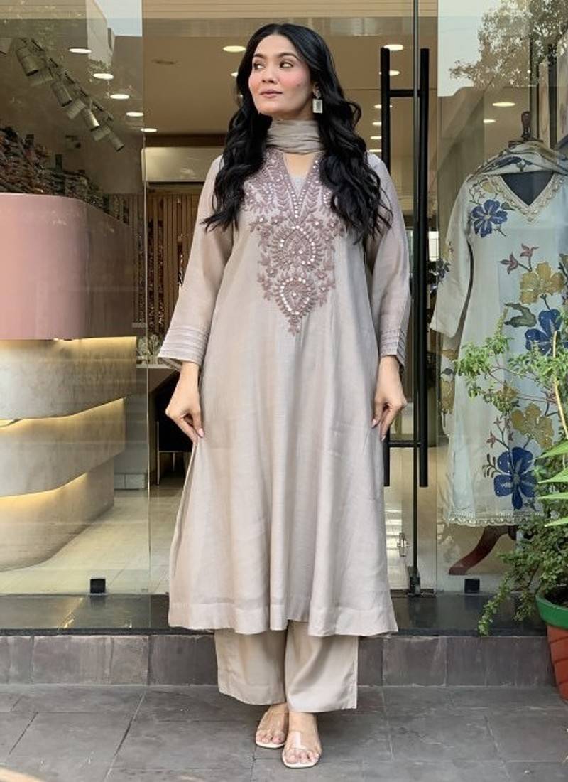 Women's Beautiful Embroidery Work Muslin Cotton Fabric Flared Kurta Pant and Dupatta Set