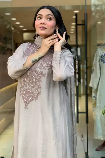 Women's Beautiful Embroidery Work Muslin Cotton Fabric Flared Kurta Pant and Dupatta Set