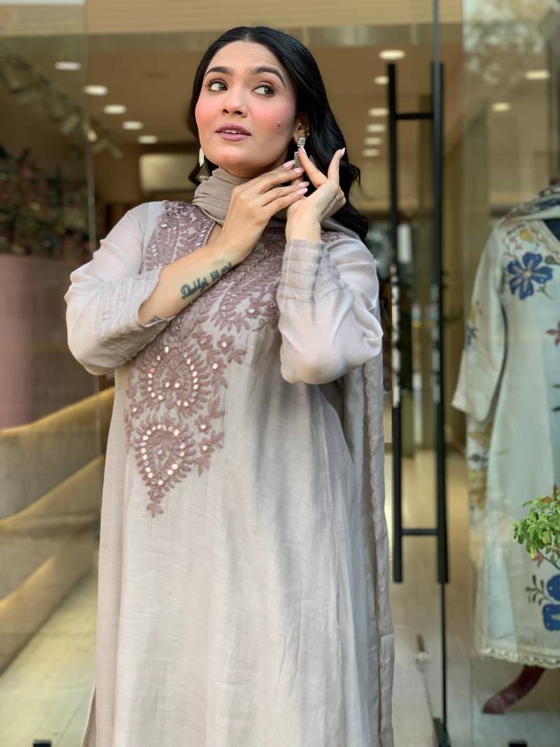 Women's Beautiful Embroidery Work Muslin Cotton Fabric Flared Kurta Pant and Dupatta Set