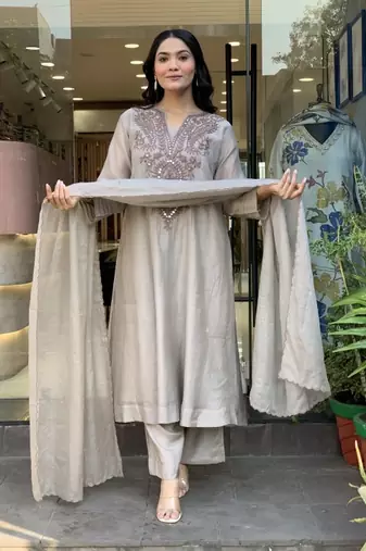 Women's Beautiful Embroidery Work Muslin Cotton Fabric Flared Kurta Pant and Dupatta Set