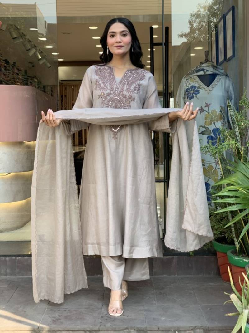 Women's Beautiful Embroidery Work Muslin Cotton Fabric Flared Kurta Pant and Dupatta Set