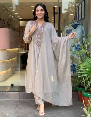 Women's Beautiful Embroidery Work Muslin Cotton Fabric Flared Kurta Pant and Dupatta Set 4