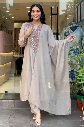 Women's Beautiful Embroidery Work Muslin Cotton Fabric Flared Kurta Pant and Dupatta Set