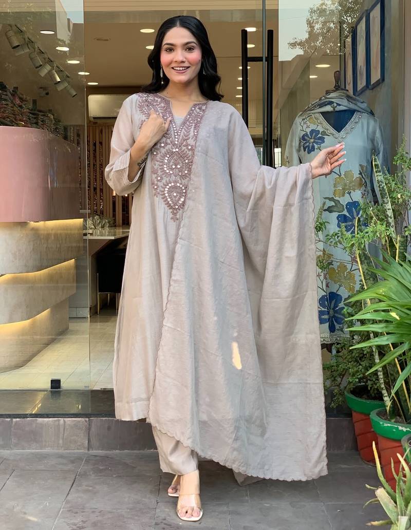 Women's Beautiful Embroidery Work Muslin Cotton Fabric Flared Kurta Pant and Dupatta Set