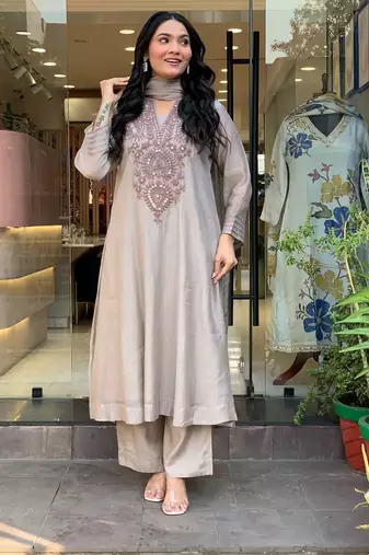 Women's Beautiful Embroidery Work Muslin Cotton Fabric Flared Kurta Pant and Dupatta Set