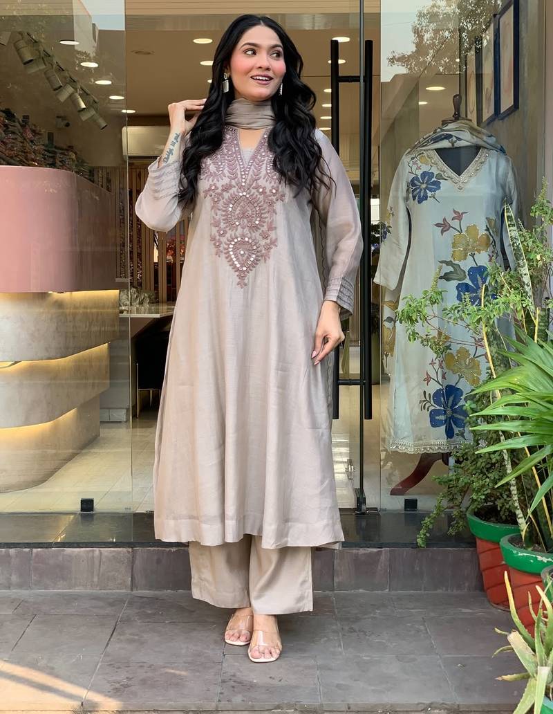 Women's Beautiful Embroidery Work Muslin Cotton Fabric Flared Kurta Pant and Dupatta Set