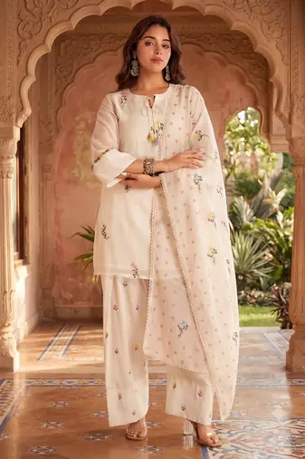 Women's cream embroidered kurta with farshi salwar and organza dupatta set