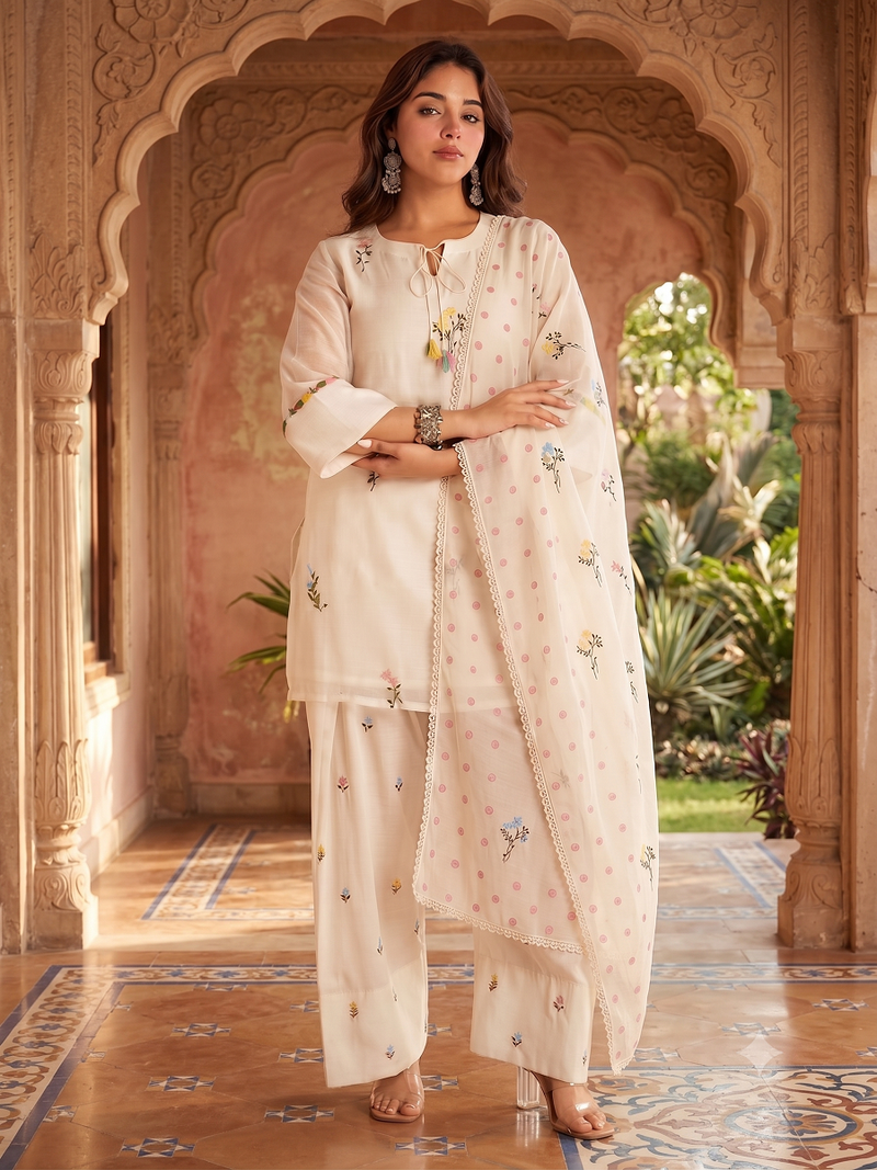 Women's cream embroidered kurta with farshi salwar and organza dupatta set