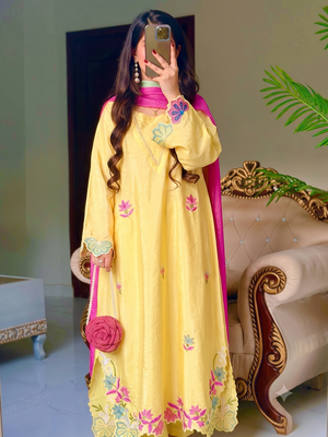 Trendy yellow floral embroidered kurti palazzo set with shaded dupatta 1