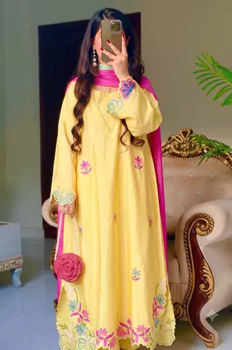 Trendy yellow floral embroidered kurti palazzo set with shaded dupatta
