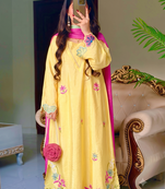 Trendy yellow floral embroidered kurti palazzo set with shaded dupatta