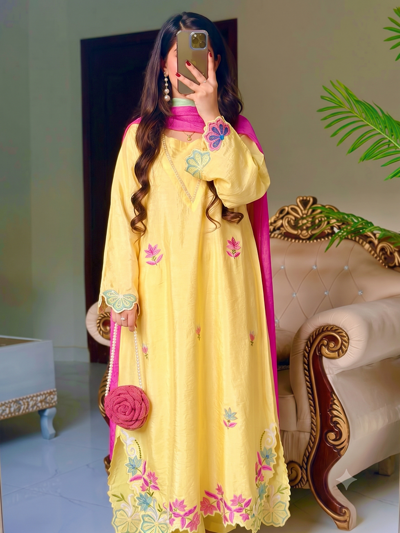 Trendy yellow floral embroidered kurti palazzo set with shaded dupatta