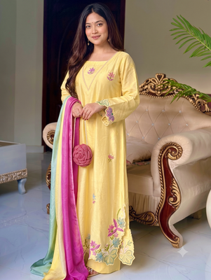 Trendy yellow floral embroidered kurti palazzo set with shaded dupatta 2