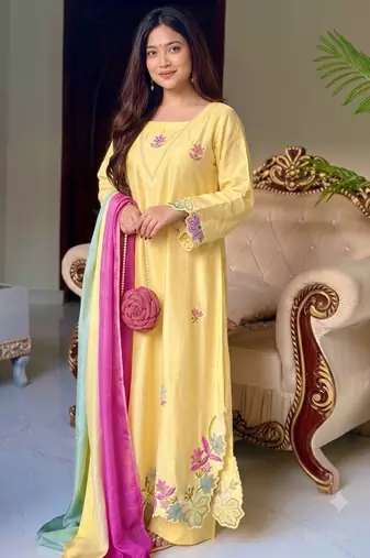 Trendy yellow floral embroidered kurti palazzo set with shaded dupatta