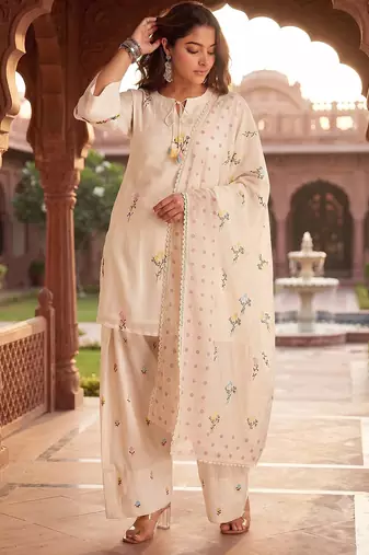 Women's cream embroidered kurta with farshi salwar and organza dupatta set