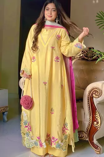 Trendy yellow floral embroidered kurti palazzo set with shaded dupatta