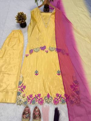 Trendy yellow floral embroidered kurti palazzo set with shaded dupatta 4