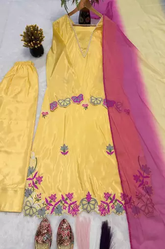 Trendy yellow floral embroidered kurti palazzo set with shaded dupatta