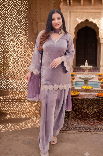 Trendy lavender fancy kurti with farshi salwar & dupatta set