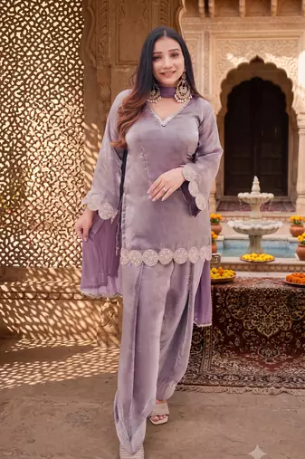 Trendy lavender fancy kurti with farshi salwar & dupatta set