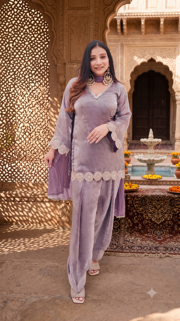 Trendy lavender fancy kurti with farshi salwar & dupatta set