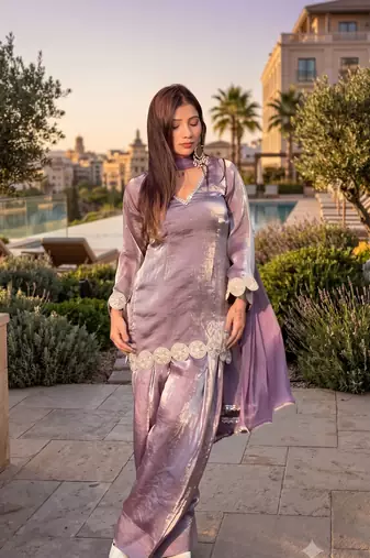 Trendy lavender fancy kurti with farshi salwar & dupatta set