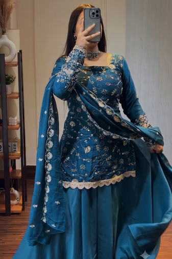 Teal blue georgette sharara suit set with zari & sequin embroidery work, short kurti & dupatta for women