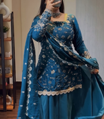 Teal blue georgette sharara suit set with zari & sequin embroidery work, short kurti & dupatta for women