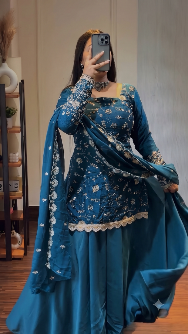 Teal blue georgette sharara suit set with zari & sequin embroidery work, short kurti & dupatta for women