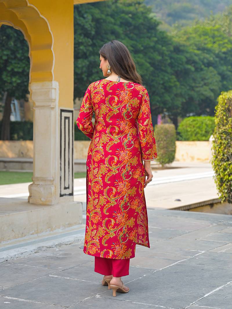 Women pink viscose rayon floral printed straight kurta trousers with dupatta