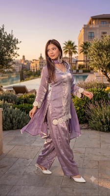 Trendy lavender fancy kurti with farshi salwar & dupatta set 3