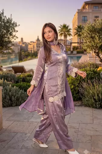Trendy lavender fancy kurti with farshi salwar & dupatta set