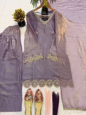 Trendy lavender fancy kurti with farshi salwar & dupatta set 4