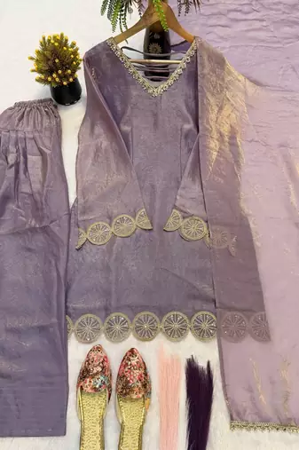 Trendy lavender fancy kurti with farshi salwar & dupatta set