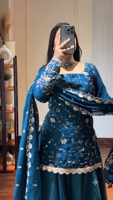 Teal blue georgette sharara suit set with zari & sequin embroidery work, short kurti & dupatta for women 2