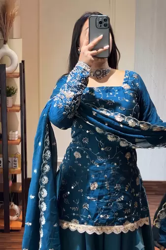 Teal blue georgette sharara suit set with zari & sequin embroidery work, short kurti & dupatta for women