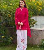 Women red a-line tunic kurta with floral embroidered farshi salwar suit set