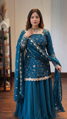 Teal blue georgette sharara suit set with zari & sequin embroidery work, short kurti & dupatta for women 3