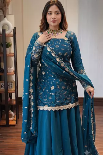 Teal blue georgette sharara suit set with zari & sequin embroidery work, short kurti & dupatta for women